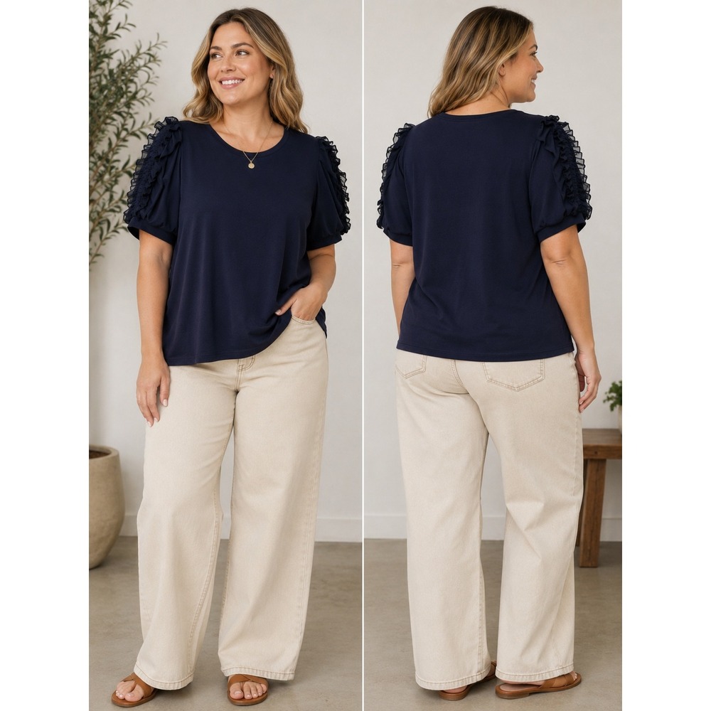 Philosophy Woman Top Womens 1X Navy Blue Ruffle Sheer Puff Sleeve Crew Neck NEW
